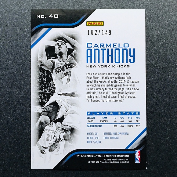 Carmelo Anthony - 2015-16 Totally Certified Mirror Red #40 102/149 - Picture 2 of 2